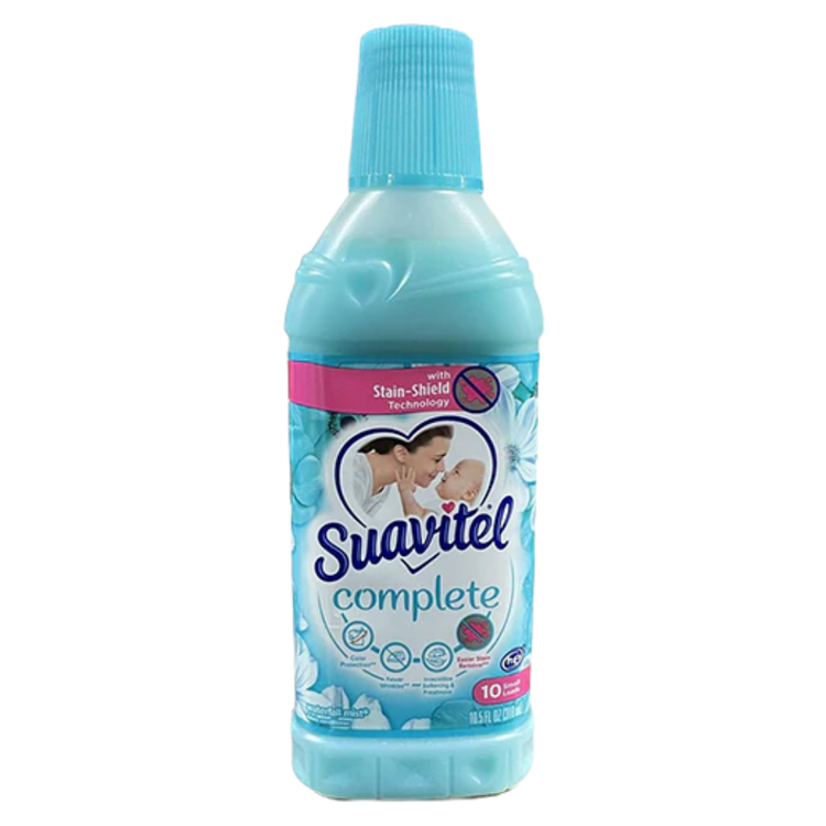 Farmacias Savia Suavitel Morning Sun fabric conditioner bottle, 11oz with yellow and orange floral design on the label