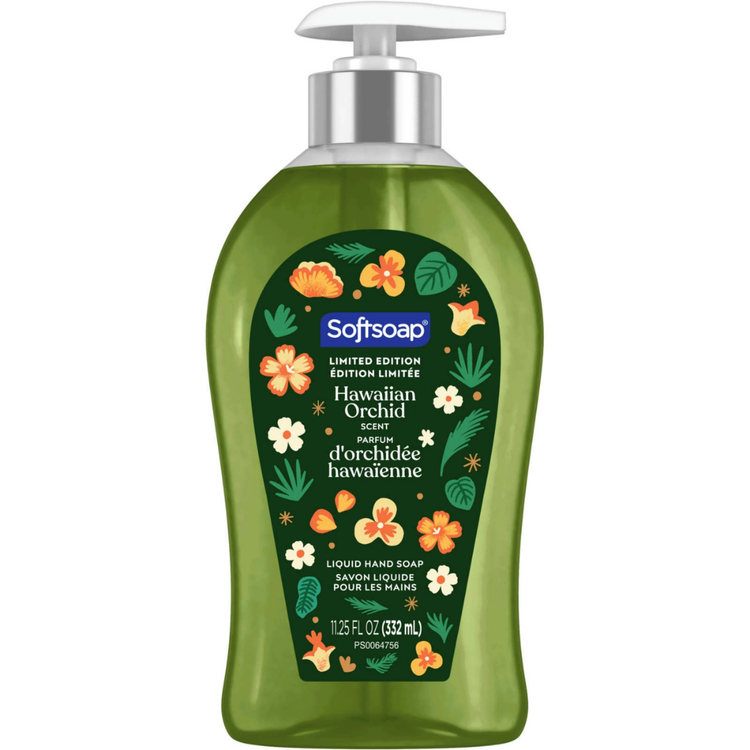 Softsoap Limited Edition Hawaiian Orchid liquid hand soap in 11.25oz bottle, featuring floral design and vibrant colors.
