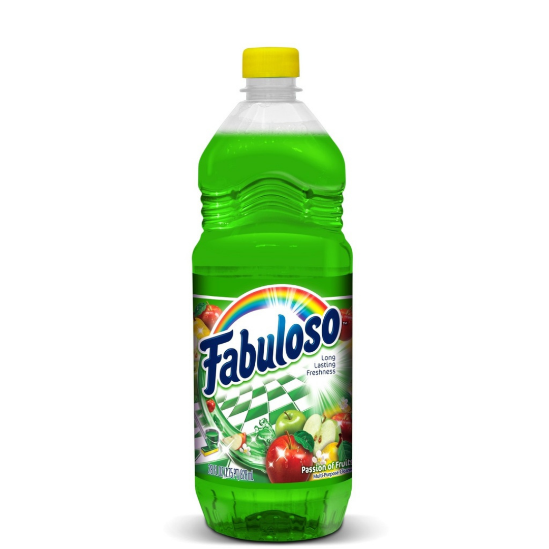 Fabuloso Passion Fruit Multi-Purpose Cleaner 28oz bottle, Farmacias Savia detergent for cleaning and disinfecting surfaces.