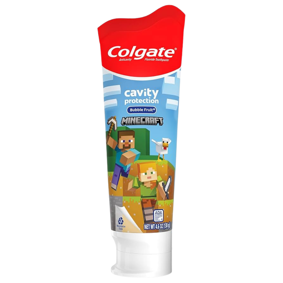 Colgate Kids Minecraft toothpaste tube showing colorful Minecraft-themed packaging and 4.6 oz size.