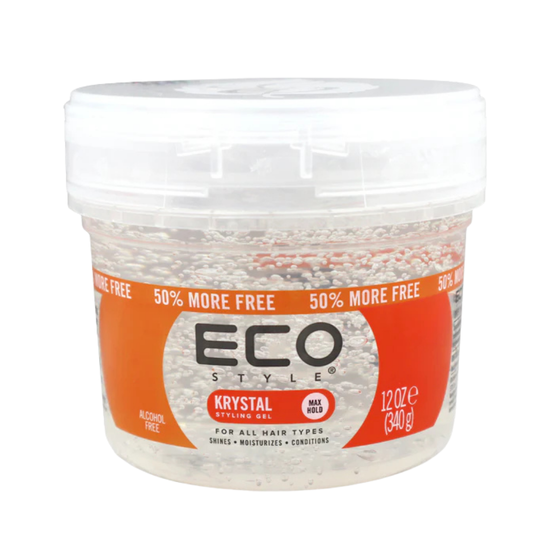 Eco Style Krystal Styling Gel Max Hold in 12oz jar, clear gel with blue label, featuring Farmacias Savia branding and product details.