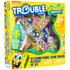 Trouble game featuring SpongeBob SquarePants characters, colorful game board, and game pieces for children aged 6 and up.
