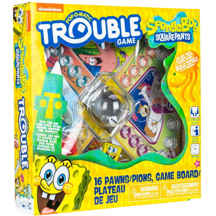 Trouble game featuring SpongeBob SquarePants characters, colorful game board, and game pieces for children aged 6 and up.