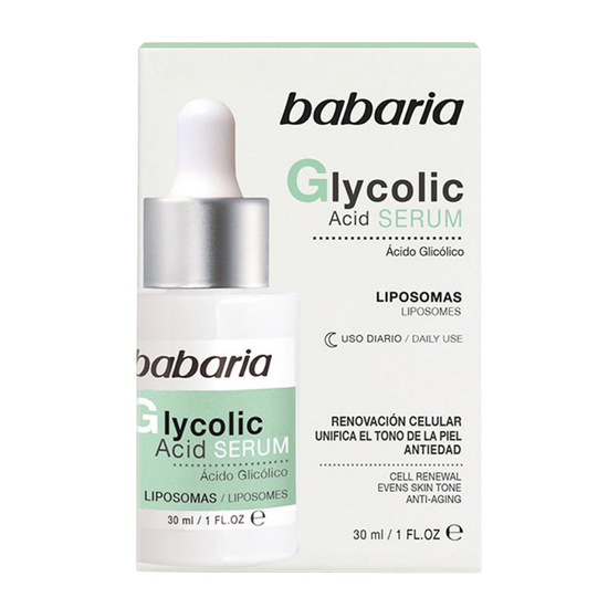 Babaria Glycolic Acid Facial Serum for cell renewal and anti-aging, 1oz bottle, with dropper cap, on white background.