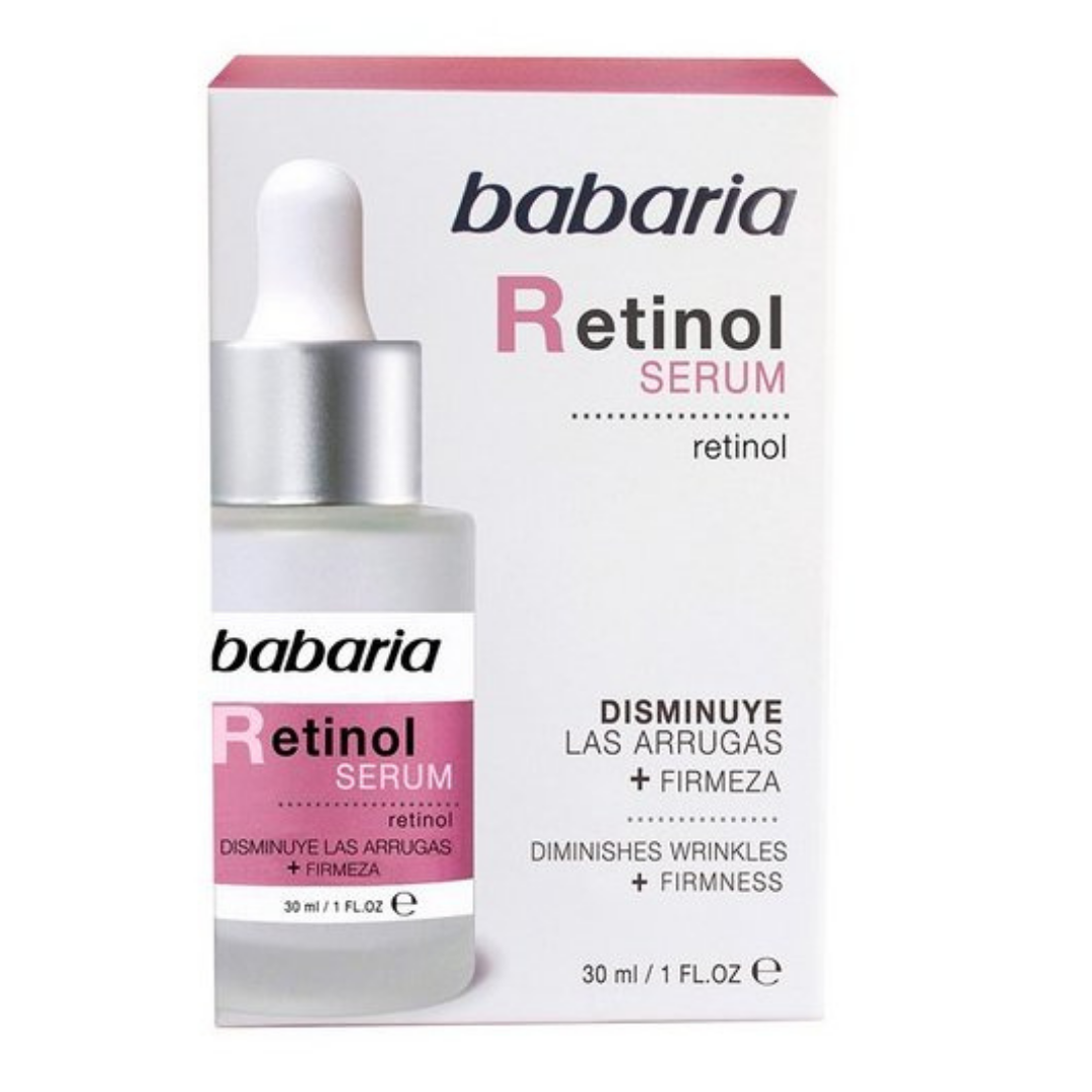 Babaria Retinol Anti-Wrinkle Face Serum in a 1oz bottle, featuring a sleek design with the label visible on the front.
