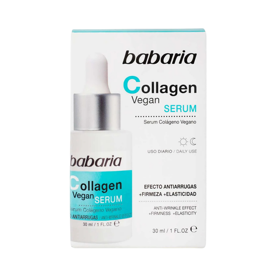 Babaria Vegan Collagen Facial Serum by Farmacias Savia, 1 oz, featuring a dropper bottle and clear liquid for anti-wrinkle and firming.