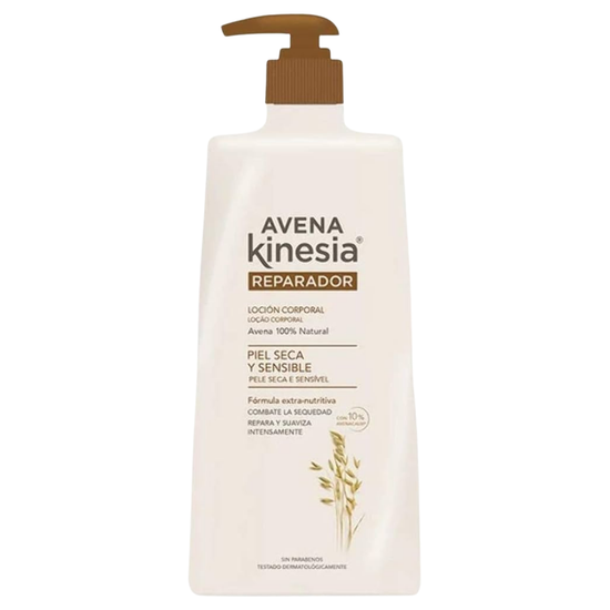 Avena Kinesia Reparador Body Lotion for dry, sensitive skin in a 13.5oz bottle, featuring soft, creamy lotion texture