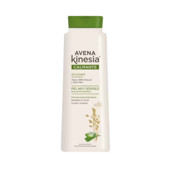 Avena Kinesia Calmante Bath Gel with Aloe Vera in 20.3oz bottle, featuring a clear gel with green aloe vera leaves.