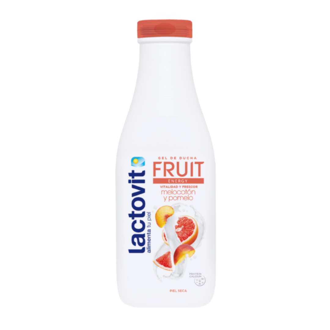 Lactovit Fruit Energy Shower Gel with peach and grapefruit scent in a 20.3 fl oz bottle, featuring vibrant fruit images.