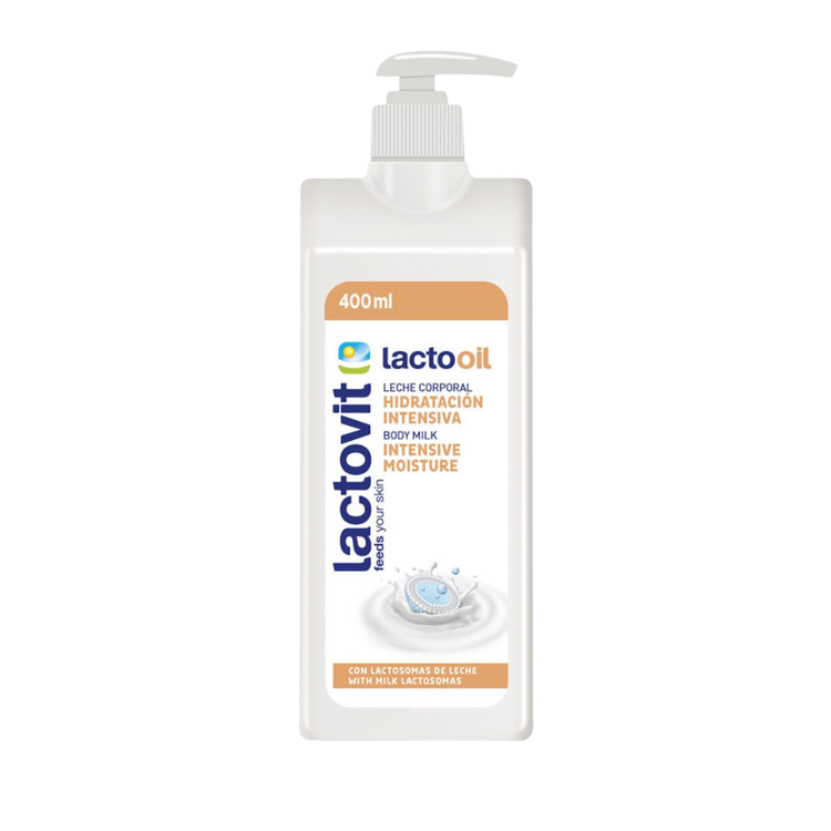 Lactovit Lactooil Intensive Moisture Body Milk with Lactosomas in a 13.5oz bottle, featuring a white and blue label with product details.