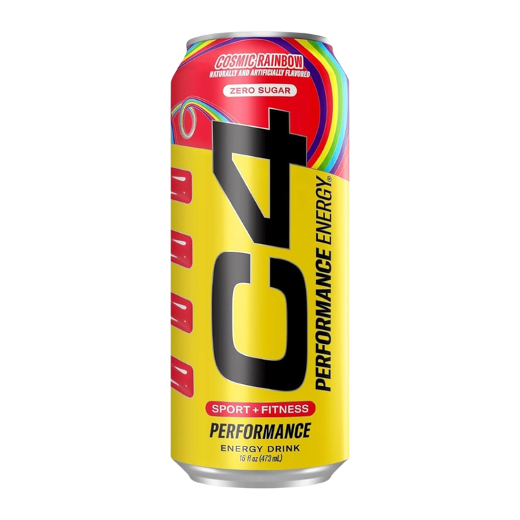 C4 Performance Energy Cosmic Rainbow Zero Sugar Drink in 16oz can with colorful rainbow design and brand logo