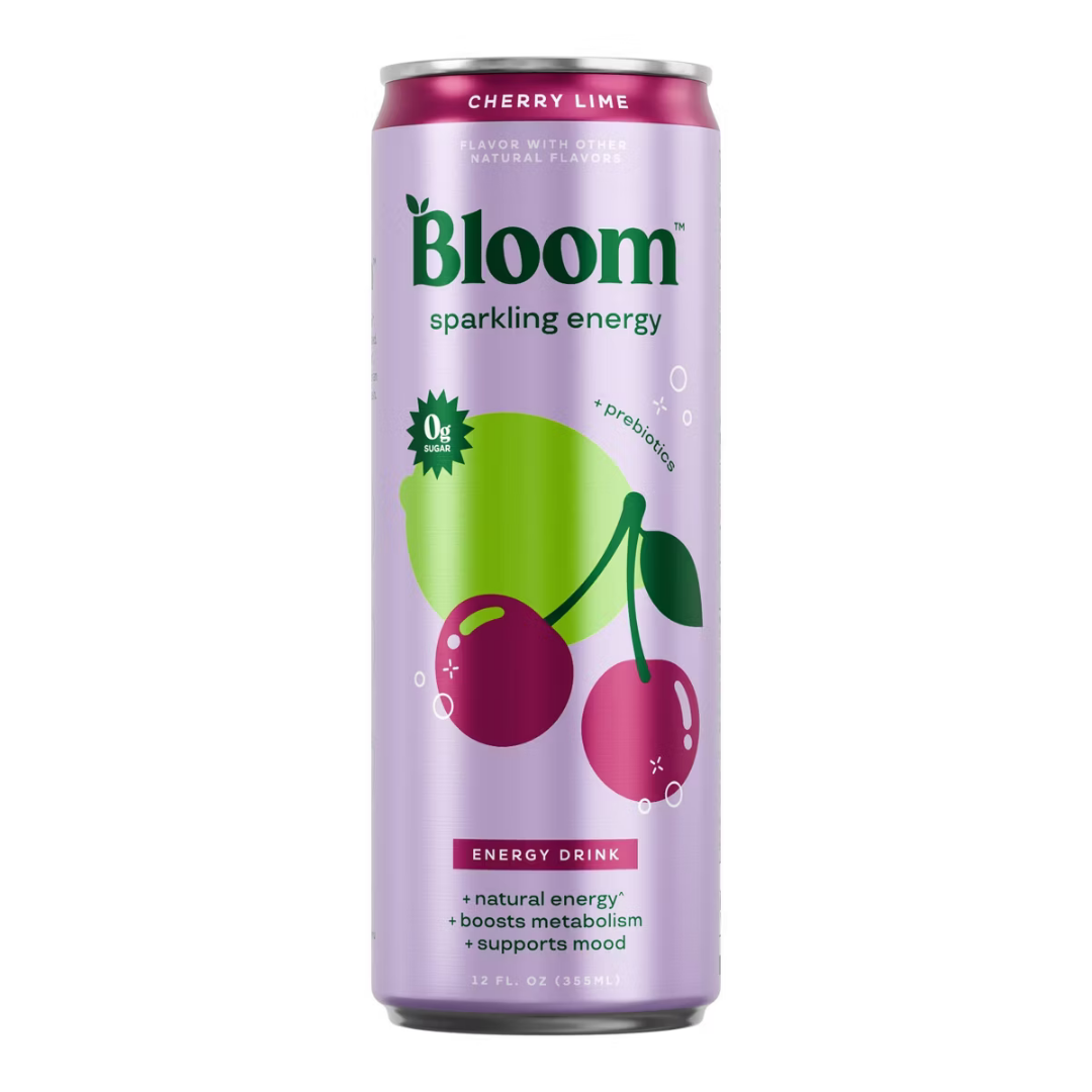 Farmacias Savia Bloom Nutrition Cherry Lime sparkling energy drink can, 12 fl oz, with cherry and lime flavor on a white background.