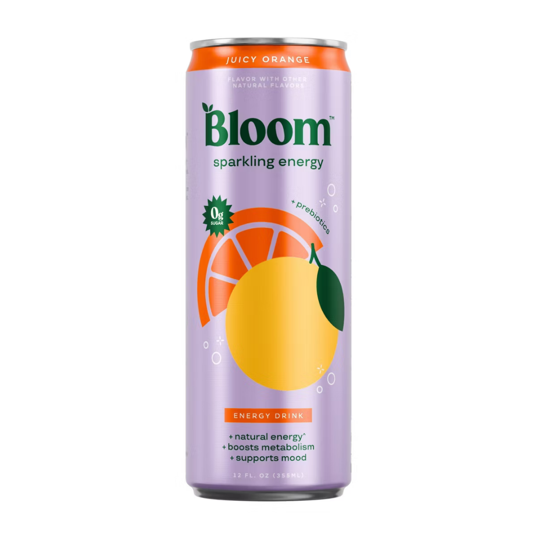Bloom Nutrition Sparkling Energy Drink in Juicy Orange flavor, 12 fl oz can with bright orange design and sparkling beverage inside.