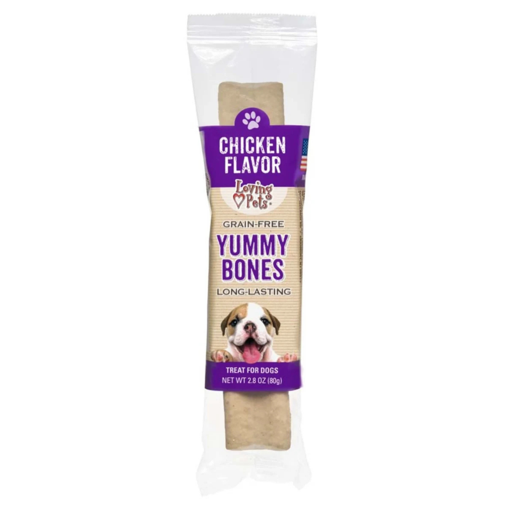 Loving Pets Yummy Bones chicken flavor dog treats in 2.4oz package, suitable as tasty snacks for dogs.