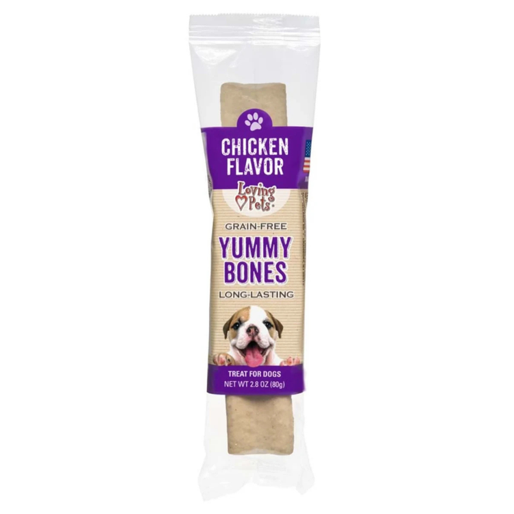 Loving Pets Yummy Bones chicken flavor dog treats in 2.4oz package, suitable as tasty snacks for dogs.