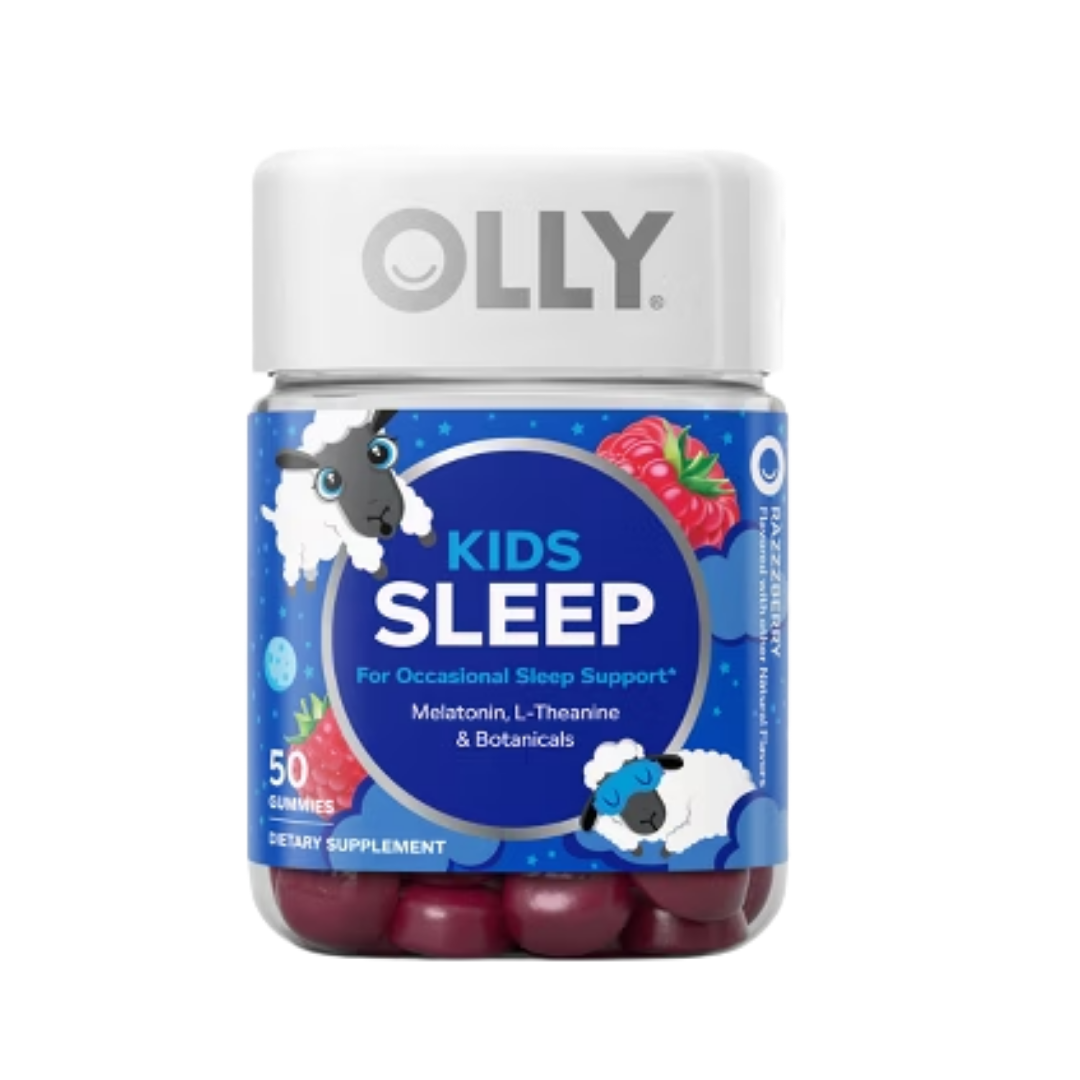 OLLY Kids Sleep Gummies bottle showing 50 chewable gummies for children’s sleep support, in colorful packaging.
