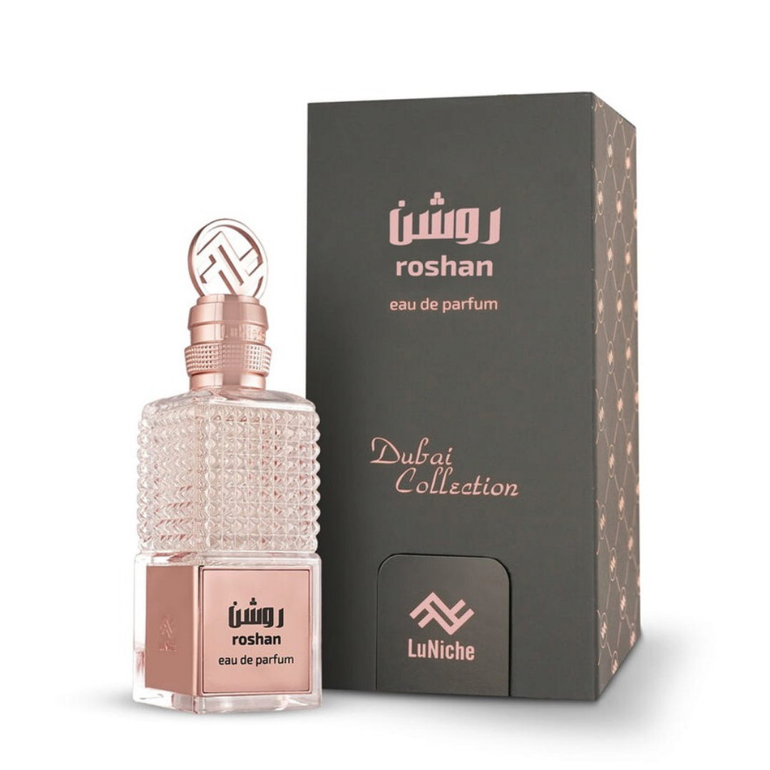 LuNiche Dubai Roshan unisex perfume bottle from Farmacias Savia, 3.4oz, sleek glass design with elegant label.