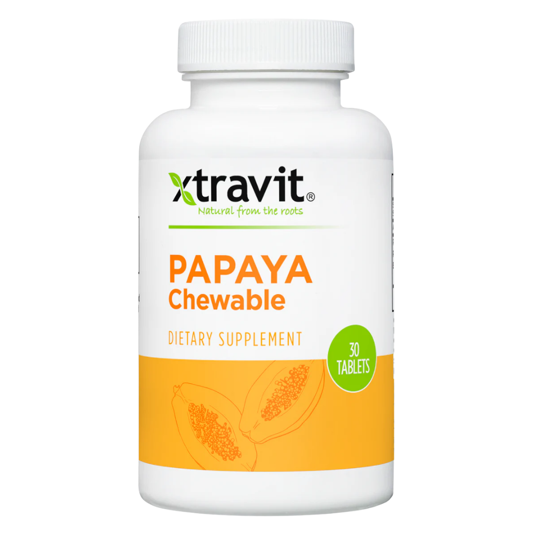 Xtravit Papaya Chewable Tablets bottle showing 30 chewable papaya supplement tablets by Farmacias Savia.