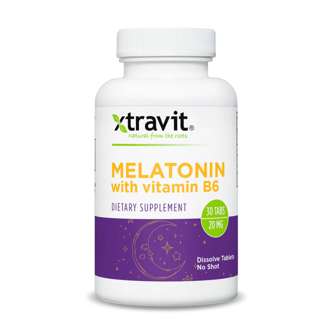 Xtravit Melatonin with Vitamin B6 20mg sleep support tablets, showing a bottle of 30 tablets with label detail