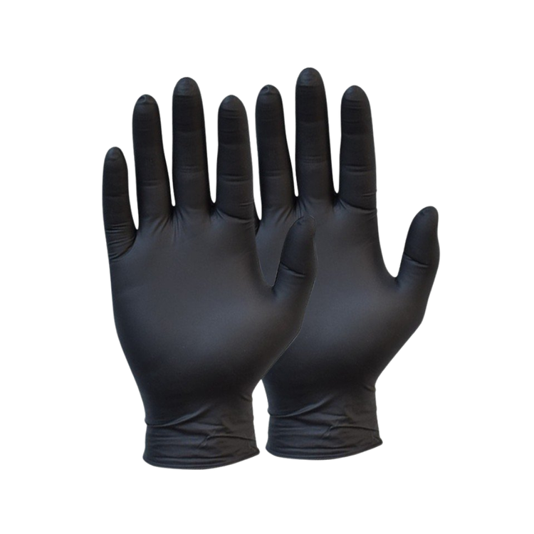 Black nitrile disposable gloves, heavy-duty and powder-free, shown in X-Large size, suitable for medical or industrial use.