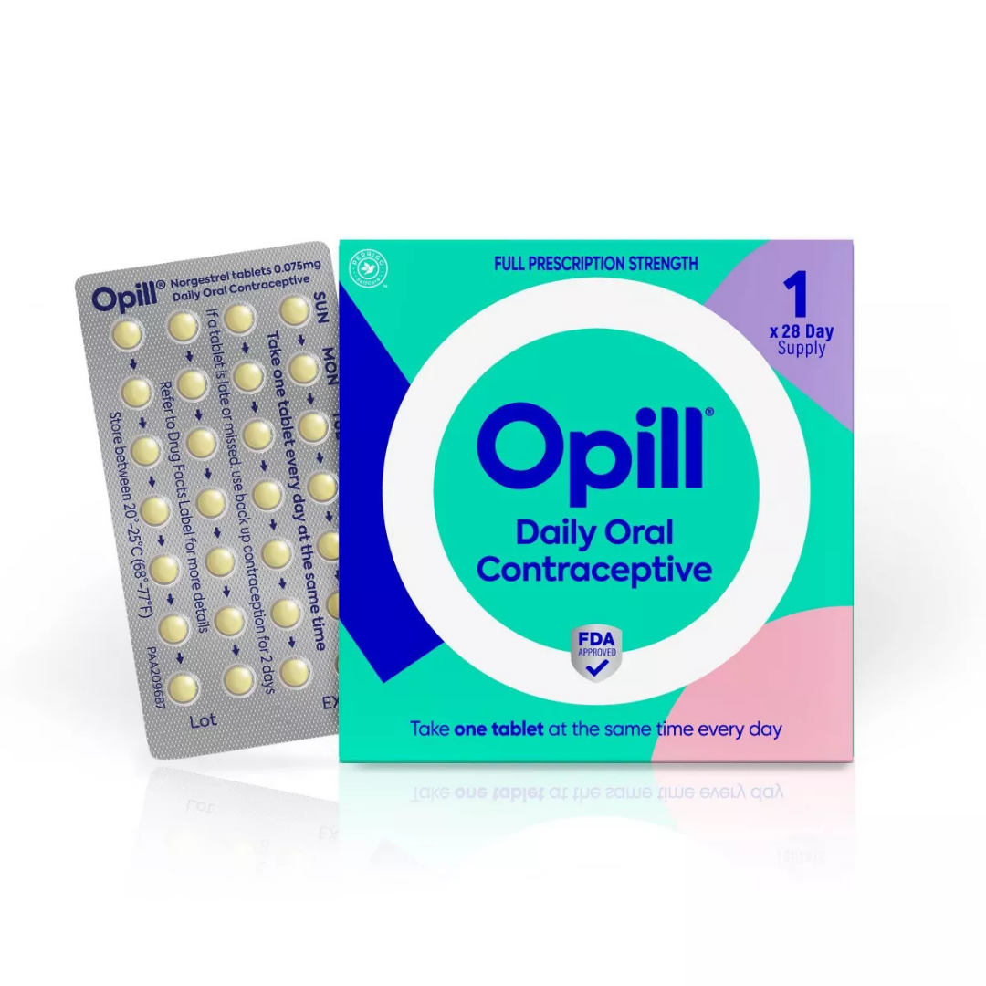 Opill oral contraceptive 28-day pack with blister of white pills, branded by Farmacias Savia, arranged in a blister pack.