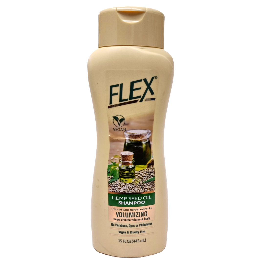 Flex Hemp Seed Oil Volumizing Shampoo by Farmacias Savia, 15oz bottle with herbal-infused formula for thickening hair.