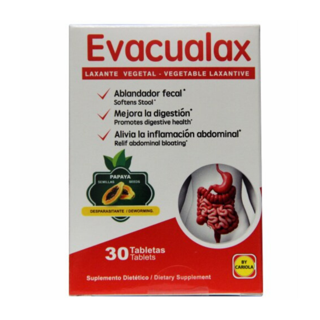 Evacualax Natural Laxative Capsules by Farmacias Savia, 30-count bottle, showing the capsule container and label.