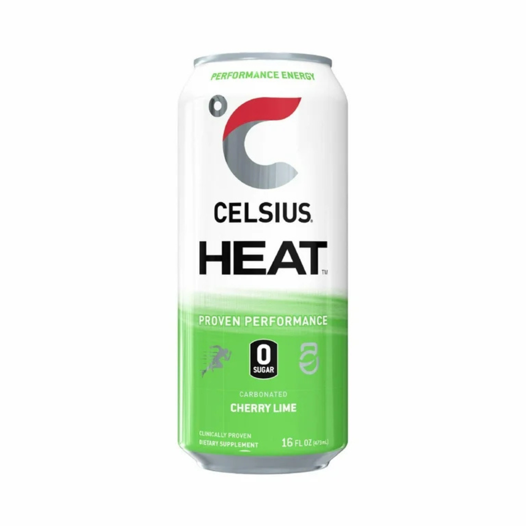 Celsius Heat Cherry Lime performance energy drink in a 16oz can, featuring a red and green cherry lime flavor label.