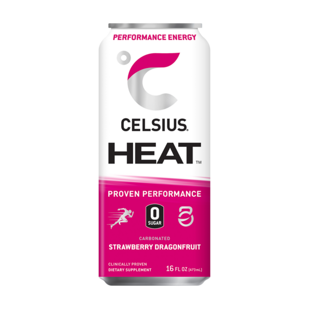 16oz Celsius Heat Strawberry Dragonfruit energy drink can with vibrant red and pink flavor graphics, featuring the Farmacias Savia branding.