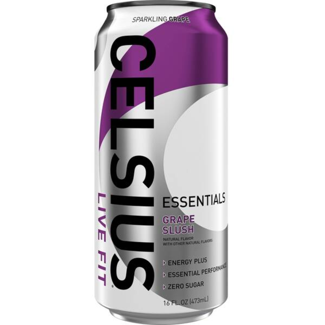 Celsius Essentials Grape Slush sparkling energy drink in a 16oz can with a purple grape flavor and vibrant label design.