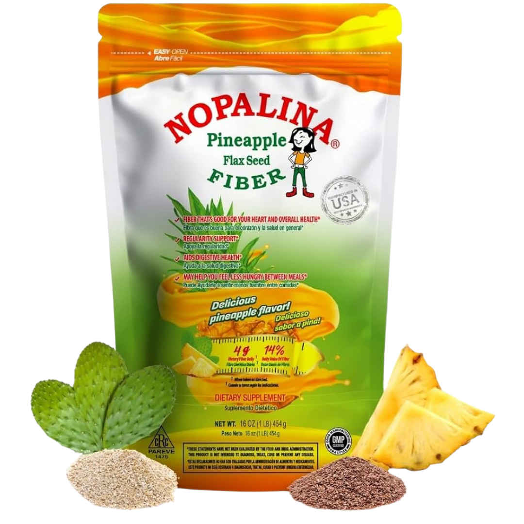 Nopalina Pineapple Flax Seed dietary fiber supplement in 16 oz package, featuring a label with pineapple and flax seed imagery.