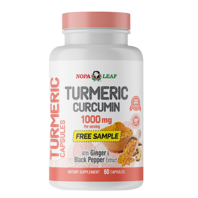 Nopa Leaf Turmeric Curcumin with Ginger and Black Pepper supplement bottle showing 60 capsules, by Farmacias Savia.