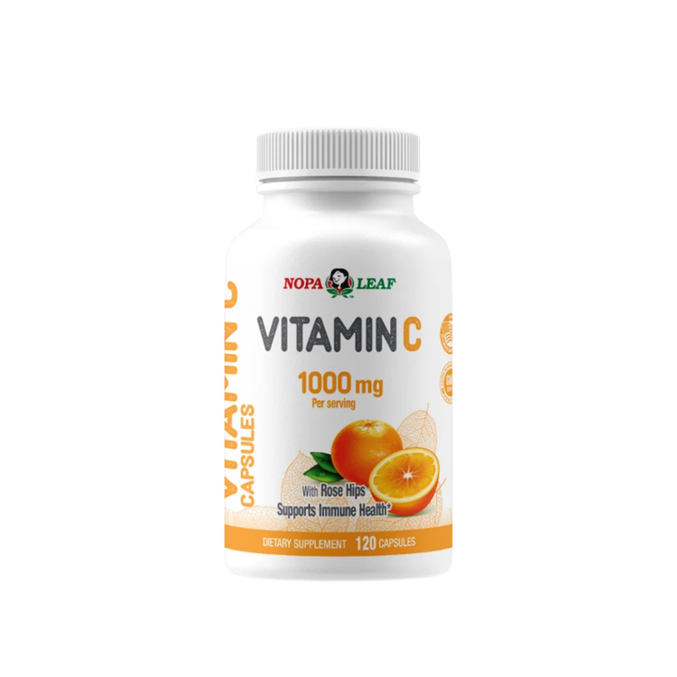 Bottle of Farmacias Savia Vitamin C 1000mg dietary supplement with 120 capsules, displayed in a clear container.