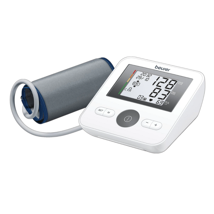 Beurer BM67 upper arm blood pressure monitor with digital display and cuff for accurate blood pressure readings.