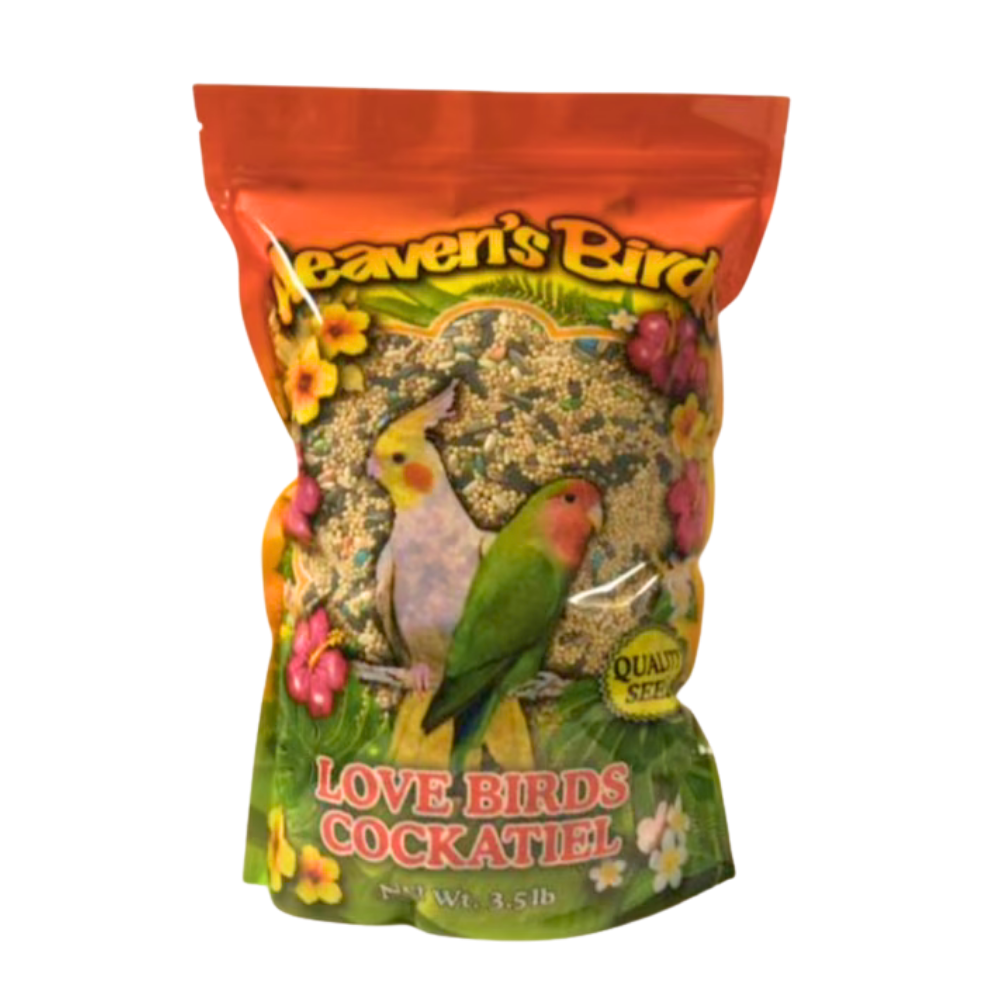 Farmacias Savia Heaven’s Bird Love Birds and Cockatiel seed mix in a 3.5lb bag, suitable for lovebirds and cockatiels.