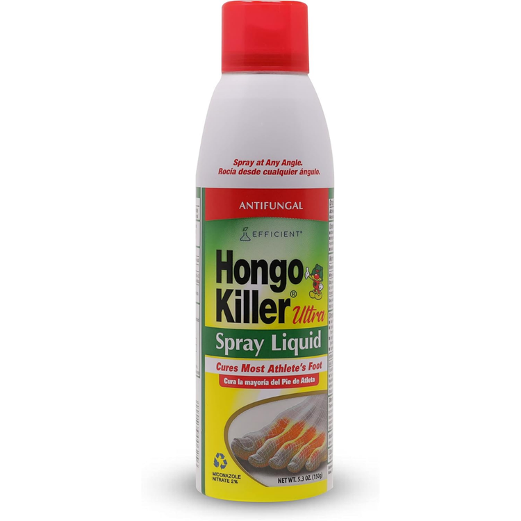 Farmacias Savia Hongo Killer Antifungal Powder Spray in 4.6oz bottle, with spray nozzle for treating fungal skin infections.