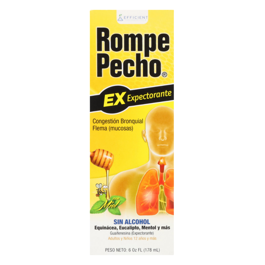 Farmacias Savia Rompe Pecho EX Expectorant Syrup in 6oz bottle, clear liquid for cough relief and chest congestion.