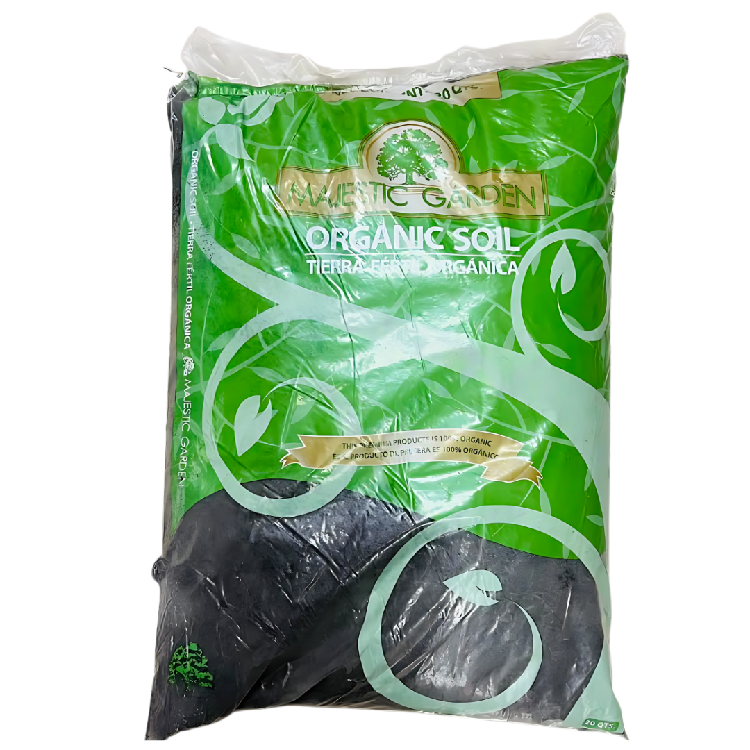 Organic Tierra Fértil potting soil in a 20-quart bag, showing rich, dark soil suitable for gardening and plant growth.