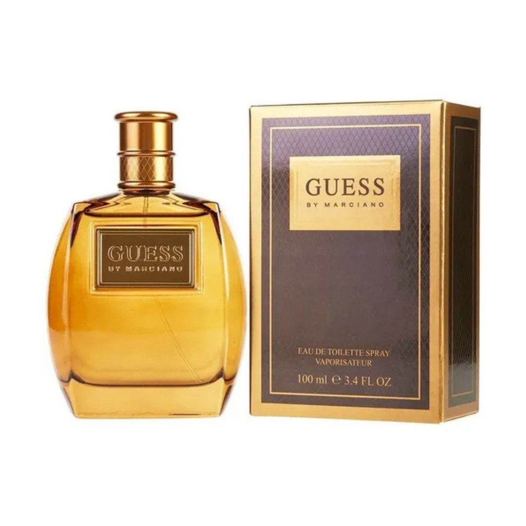Guess by Marciano Eau de Toilette for Men, 3.4oz, perfume bottle with sleek design and Guess branding.