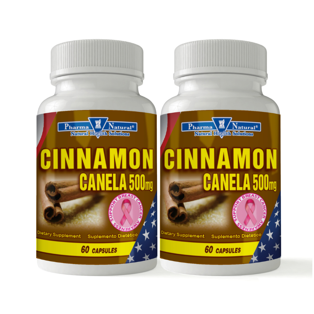 Pharma Natural Cinnamon supplement bottles, 500 mg, 60 capsules each, in a natural vitamin and supplement setting.