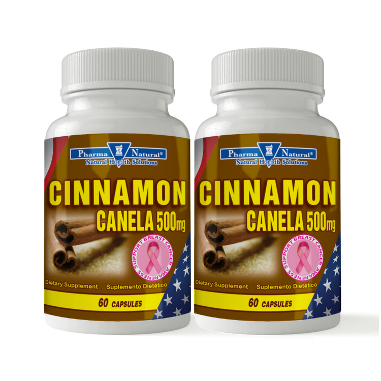 Pharma Natural Cinnamon supplement bottles, 500 mg, 60 capsules each, in a natural vitamin and supplement setting.