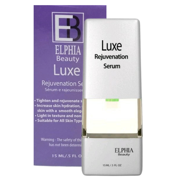 Elphia Beauty Luxe Rejuvenation Serum in 0.5oz bottle, featuring clear serum and elegant packaging for all skin types.