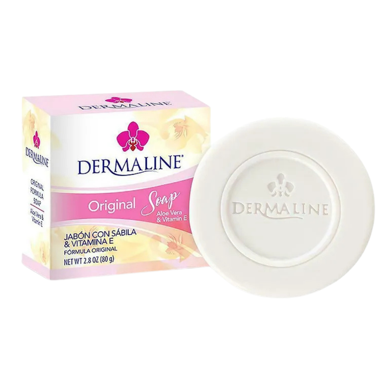 Dermaline Original Facial Soap with Aloe Vera and Vitamin E in 2.8oz pack, featuring a white bar with green aloe vera design