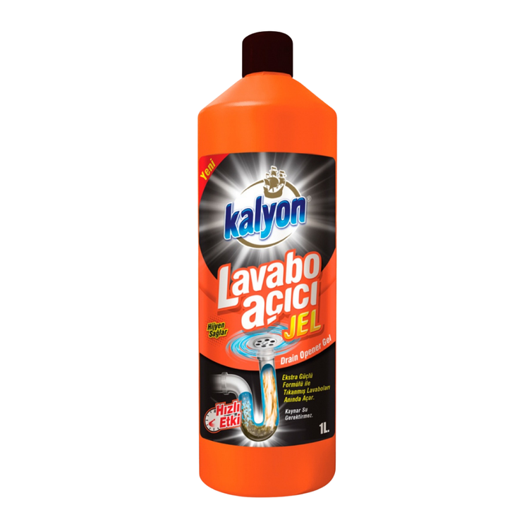 Kalyon Drain Opener Gel 1000ml for unclogging drains, in a clear plastic bottle with a blue cap, labeled as a detergent for household use