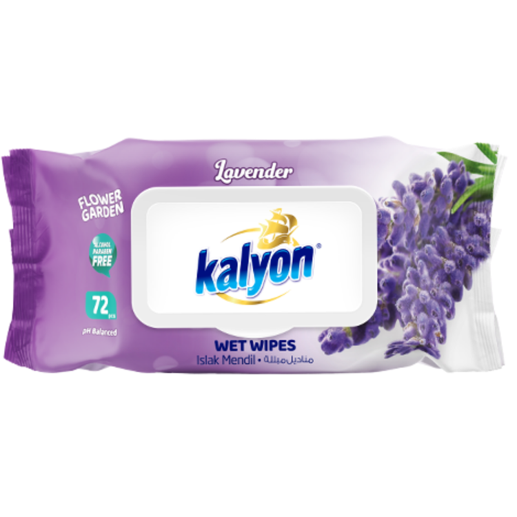 Kalyon Lavender Wet Wipes by Farmacias Savia in a 72-count pack, soft and gentle for skincare and cleansing.