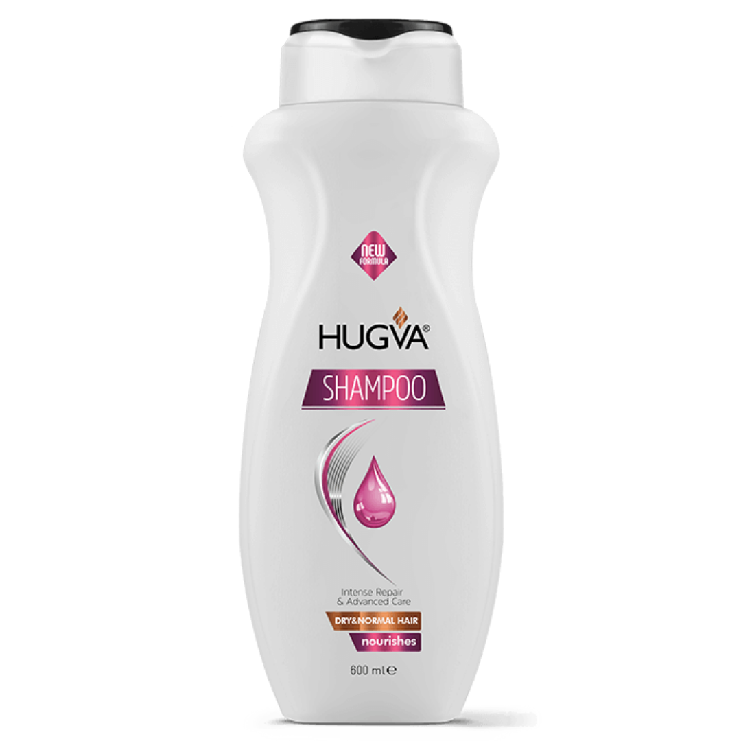 HUGVA Shampoo for dry and normal hair, 600ml bottle, Farmacias Savia brand, showing the shampoo bottle and label.