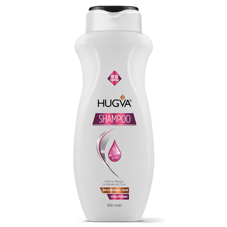 HUGVA Shampoo for dry and normal hair, 600ml bottle, Farmacias Savia brand, showing the shampoo bottle and label.