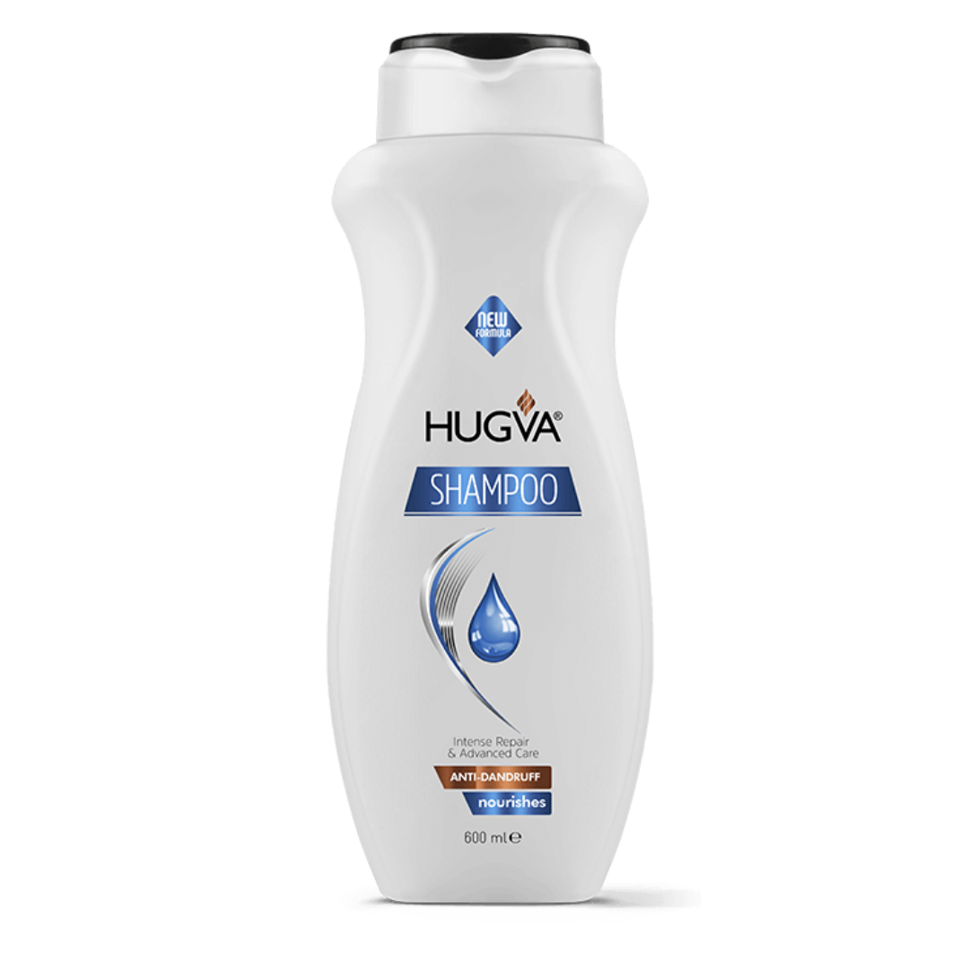 HUGVA Anti-Dandruff Shampoo by Farmacias Savia, 600ml bottle with label showing intense repair formula for scalp care.