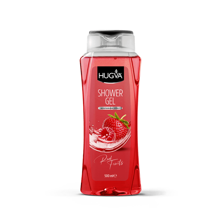 Hugva Red Fruits shower gel in 500ml bottle, part of Jabones y Champús, with red fruit scent and colorful packaging.