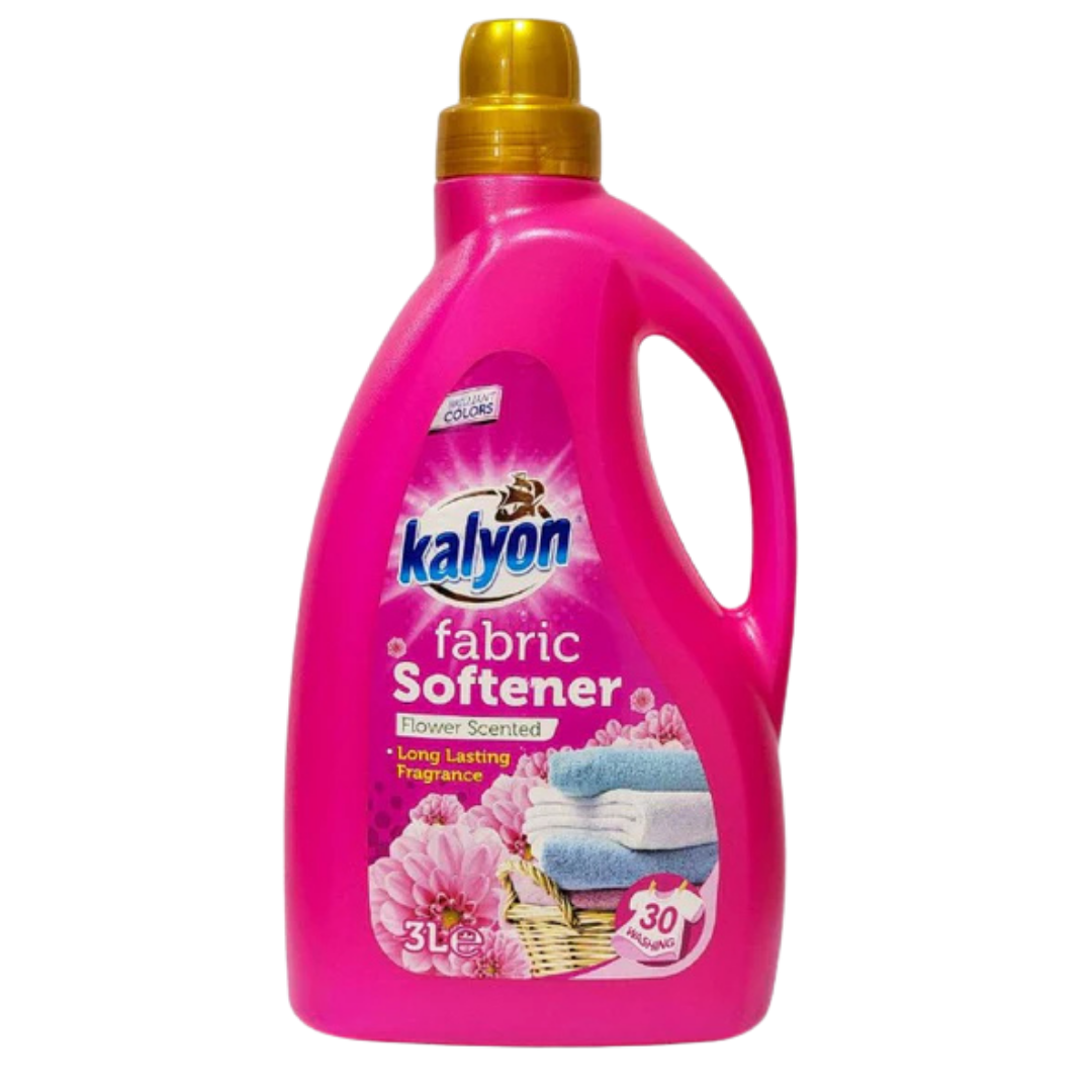 Kalyon Flower Scented Fabric Softener in 3L bottle, Farmacias Savia brand, with a floral-themed label and softening formula.